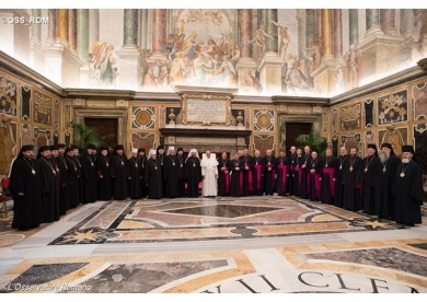 На фото: зустріч Святішого Отця Франциска із католицькими єпископами України в рамках візиту "Ad limina apostolorum", Ватикан, 2015 рік